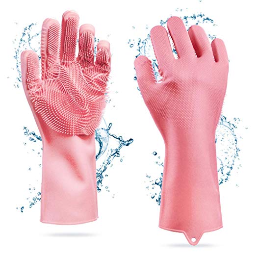Yonghong Silicone Cleaning Gloves for Kitchen Bathroom Cleaning, Magic Scrub Cleaning Gloves with Scrubber for Dishwashing Reusable,Pet Grooming, Car Washing,Kitchen Tool,Latex Free (Pink,1 Pair)