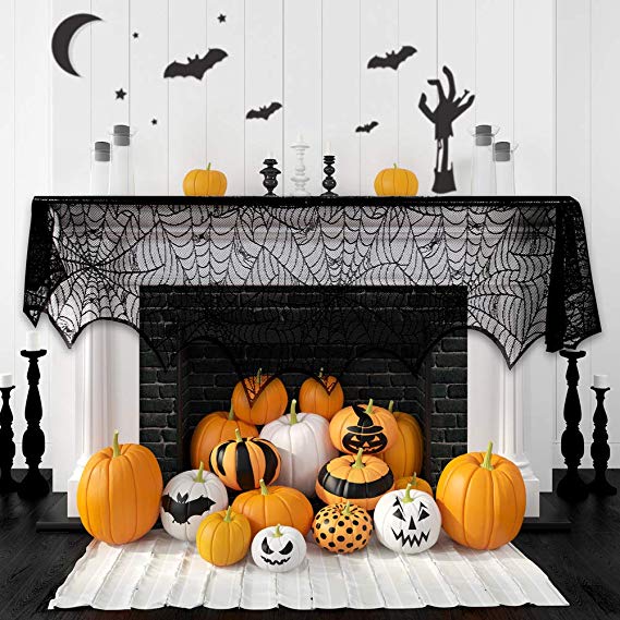 Halloween Fireplace Decoration Festive Party Supplies Lace Spiderweb Fireplace Mantle Scarf Cover Black Cobweb Fireplace Scarf Indoor Halloween Door Table Porch Decor 35x95 inch