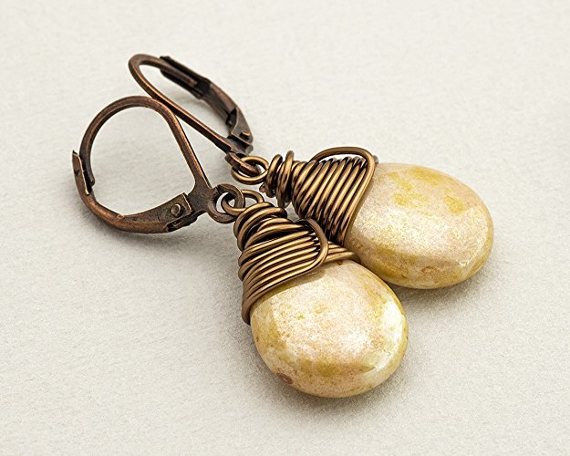 Beige opaque Czech glass wire-wrapped drop bronze lever-back earrings