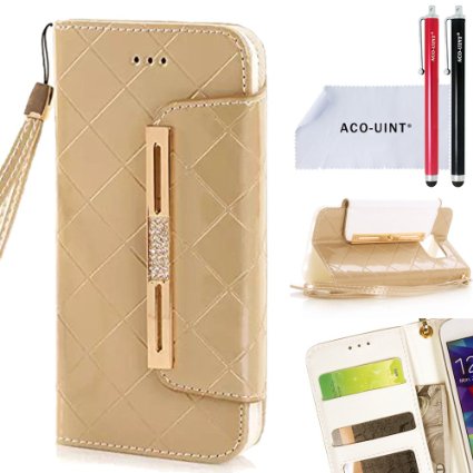 ACO-UINT Galaxy S6 Wallet Case,S6 Wallet Case,Bling Diamond Grid Leather Wallet Case with Card Slots Wrist Strap for Samsung Galaxy S6 Golden