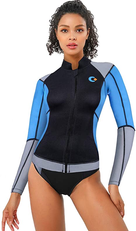 CtriLady Wetsuit Top, 1.5mm High-Necked Women’s Wetsuit Long Sleeve Jacket, Neoprene Wetsuits with Front Zipper for Swimming Diving Surfing Boating Kayaking Snorkeling