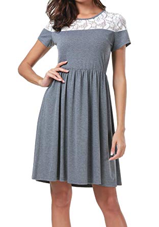 levaca Women's Summer Casual Swing Short Sleeve Pleated T-Shirt Dress