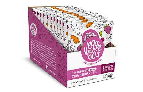 Veggie-Go's Organic Fruit and Veggie Bites with No Added Sugar, Strawberry, Chia Seeds, Beets, 12 Count