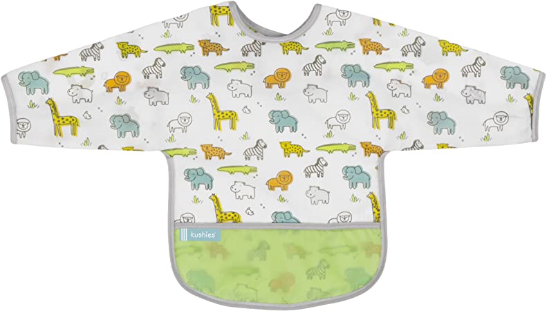 Kushies Cleanbib Waterproof Feeding Bib with Sleeves and Catch All/Crumb Catcher pocket. Wipe clean and reuse! Lightweight for comfort, Baby Boys and Girls, Unisex, 6-12 Months, White Little Safari