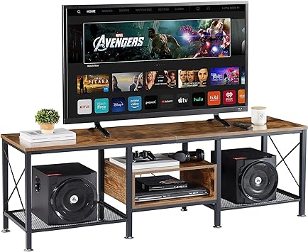 VECELO Industrial TV Stand for 70 Inch Television Cabinet 3-Tier Console with Open Storage Shelves, Entertainment Center Metal Frame for Living Room, Bedroom, 63 Inch, Dark Brown