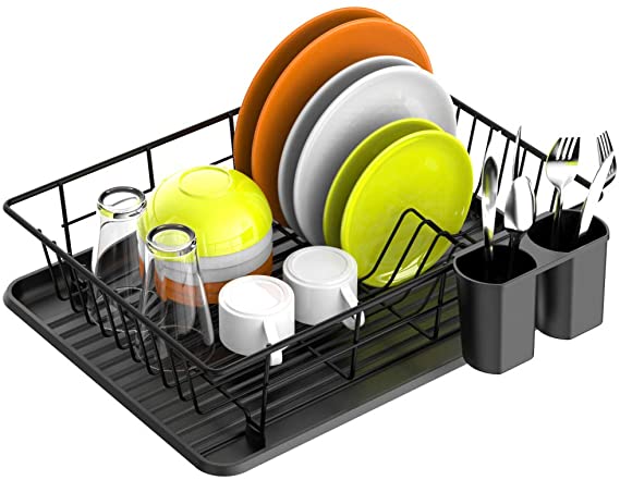 Dish Drying Rack, Cambond Small Dish Drainer for Kitchen Counter Rustproof Dish Rack and Drainboard Set with Utensil Holder, Countertop or In Sink Drying Rack (Black)