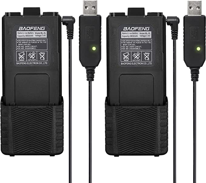 BaoFeng 2 Pack UV-5R BF-F8HP Extended Battery BL-5L 3800 mAh with USB Charging Cable for UV-5R, BF-F8HP, UV-5X3 Radios