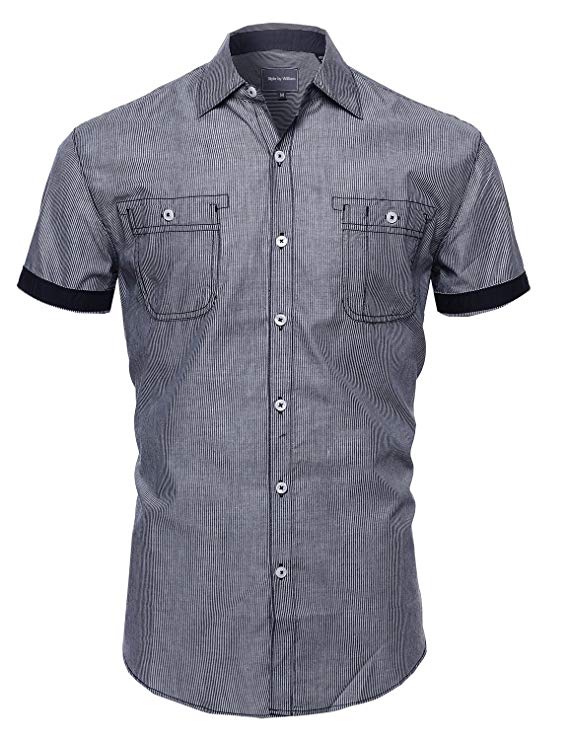 Style by William Men's Casual Cotton Solid Stripe Button Down Short Sleeve Shirt