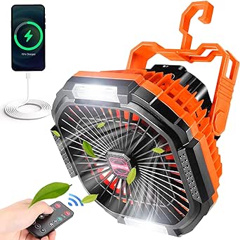 Odoland Portable Camping Fan with LED Light, 10400mAh Rechargeable Battery Operated Fan Lantern with Hook & Remote, USB Fan for Tent RV Hurricane Outages Emergency