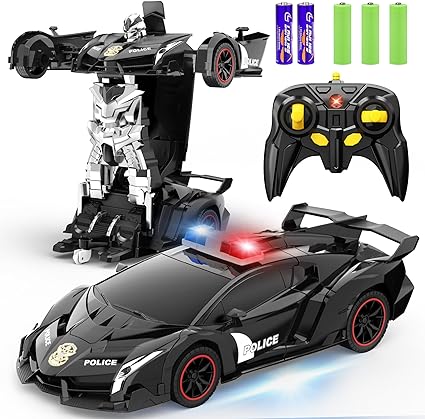 Remote Control Car - Transform Car Robot, One Button Deformation to Robot with Flashing Light, 2.4Ghz 1:18 Scale Transforming Police Car Kids Toys with 360 Degree Rotating Drifting, Toys Gifts