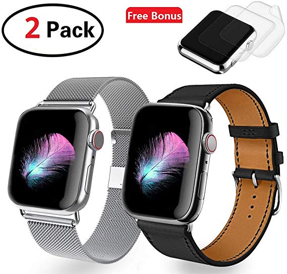 (2 Pack) Compatible Apple Watch band 38mm 40mm, RB Leather Metal Loop Smart Watch Band/Strap/Bracelet for iWatch Series 4, Series 3, Series 2, Series 1, Sport and Edition Versions, 2x Screen Protector As Gift