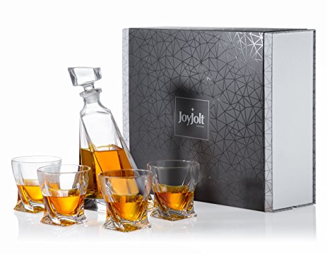 JoyJolt Altas 5-Piece Crystal Whiskey Decanter Set,100% Lead-Free Crystal Bar Set, Crystal Decanter Set Comes With A Scotch Decanter-22 Ounces And A Set Of 4 Old Fashioned Whiskey Glasses-10.8 Ounces.