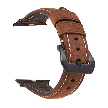 Apple Watch Band, 42mm Vintage Crazy Horse Genuine Leather Watch Band Strap Replacement Wristband Fit For I Watch (Matte Dark brown Black Adapter)