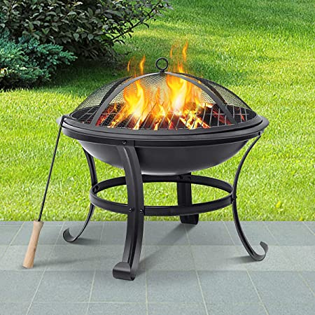 Geepro Fire Pits For Garden,Portable Fire pit For Camping With BBQ Grill & Fire Poker & Mesh Lid,Firepit For Patio,Iron Outdoor Travel Heaters,Log & Wood Burner, Fire Bowl