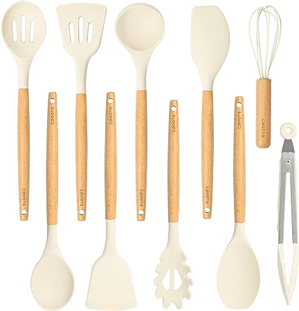 CAROTE Silicon Cooking Utensils Set for Kitchen,446°F Heat Resistant 10 pcs Non-Stick Cooking Set with Wooden Handle Spatula Turner Spoon Tongs Whisk