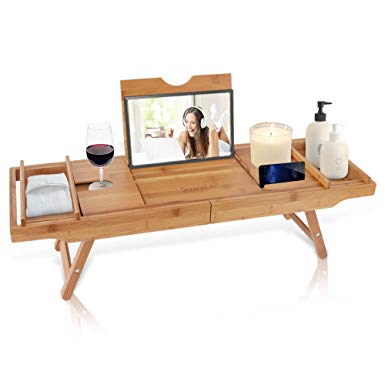 Bath Caddy Combination Breakfast Tray - Natural Bamboo Wood Waterproof Shower Bathtub and Bed Tray with Folding Slide-Out Arms, Device Grooves, Wine Glass and Soap Holder Multipurpose Use - SLBCAD50