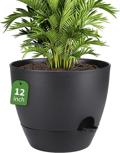 Idealife 12inch Plant Pots, Flower Pots with Mesh Drainage Holes and Deep Reservoir, Planters for Indoor Plants, Self Watering Plant Pot for Indoor Outdoor Garden Plants and Flowers, Black
