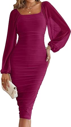 MEROKEETY Women's Long Puff Sleeve Ruched Bodycon Dress Square Neck Mesh Cocktail Party Midi Dresses