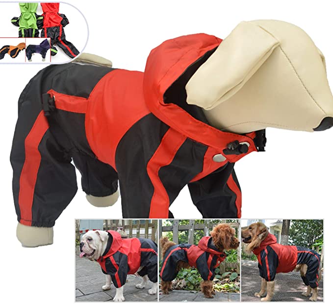 lovelonglong Dog Hooded Raincoat, Small Dog Rain Jacket Poncho Waterproof Clothes with Hood Breathable 4 Feet Four Legs Rain Coats for Small Medium Large Pet Dogs Red M
