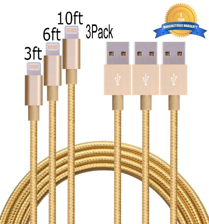 Mribo 3PCS 3FT 6FT 10FT Lightning Cable Popular Nylon Braided Charging Cable Cord for iphone SE,iPhone 6s, 6s , 6 , 6,5s 5c 5,iPad Mini,Air,iPad5,iPod(gold)