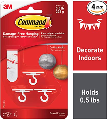 Command 17008-ES Ceiling 3 Hooks, 4 Foam Strips per, White, 4 Packs Total, 12