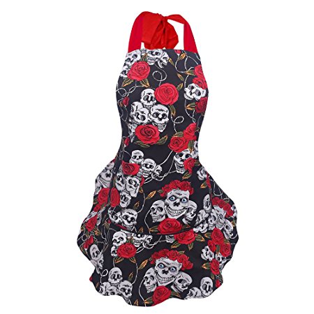 TTLIFE Women's Apron with Cotton Canvas Roses Skull Skirt Apron,skull and floral Apron with pocket-Adjustable Neck Strap - Extra Long Ties -Kitchen Chef Apron for Kitchen, BBQ, and Grill ,Beauty shop