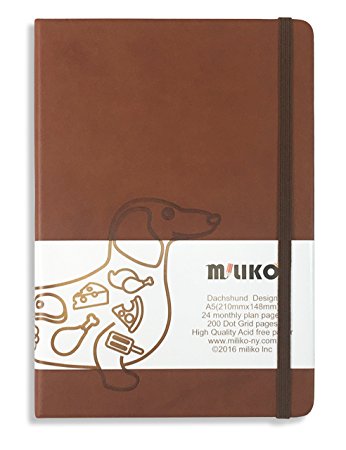 Miliko A5 PU Leather Hardcover Banded Dot Grid Notebook/Journal-8.27"x 5.67"-24 Pages Monthly Plan Plus 200 Pages Dot Grid (Dachshund)