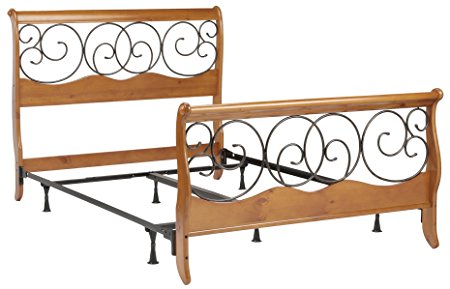 Dunhill Complete Bed with Wood Sleigh Style Frame and Autumn Brown Metal Swirling Scrolls, Honey Oak Finish, Queen