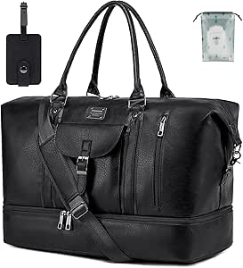 weiatas Leather Travel Duffel Bag for Women Men, Large Weekender Overnight Bag with Shoes Compartment, Waterproof Carry On Bag Travel Tote Bag Gym Bag with Luggage Strap and Longer Shouder Strap