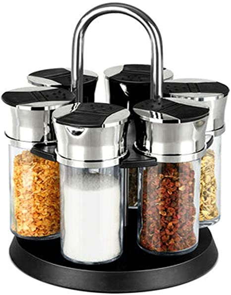 #1 Gourmet Rotating Herb Spice Jar Rack 6pc Glass Bottles Black Shaker Top Lids - Space Saver & Keeps Spices Fresh