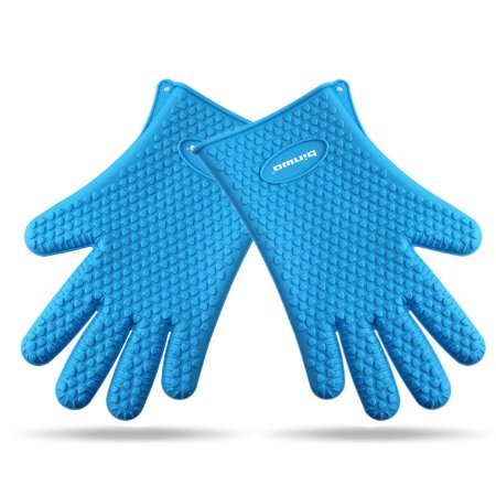 Binwo Silicone Grilling Gloves - Best Heat Resistant Cooking Kitchen Pot Holders and Oven Mitts - Protective Baking Gloves - Barbecue Without Burning Your Hands-Blue