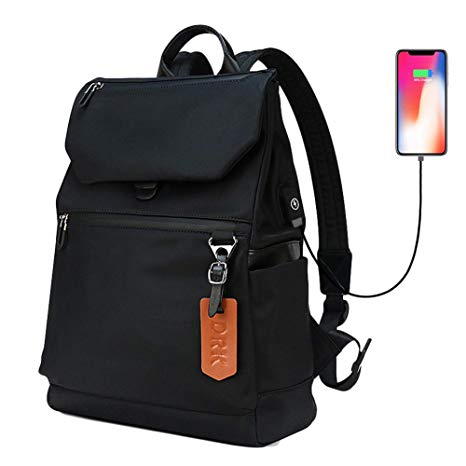 Casual Backpack Lightweight Water Resistant Bookbag Nylon Black Daily Laptop School Backpacks with USB Charging Port for Men Women