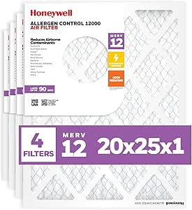 Honeywell 20x25x1 MERV 12 Electrostatic Pleated HVAC AC Furnace Air Filter (4-Pack) | Replacement Filter for Home Use | Made in USA