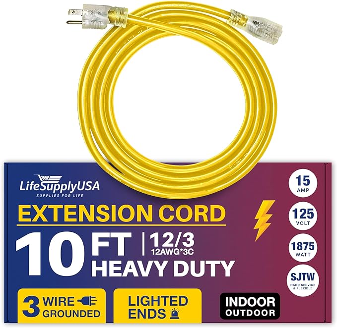 10 ft Power Extension Cord, Indoor Outdoor, Heavy Duty, 3 Prong SJTW, 12 Gauge, 3-Outlet, Lighted End, Extra Durability,15 AMP 125 Volts 1875 Watts,12/3,by LifeSupplyUSA - Yellow (1 Pack)