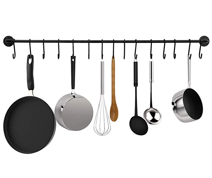 Greenco GRC30756 Pot And Pan Wall Mounted Rail With 15 Hooks Black