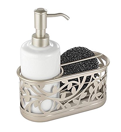 mDesign Kitchen Sink Soap Dispenser Pump and Sponge Caddy Organizer - White/Satin