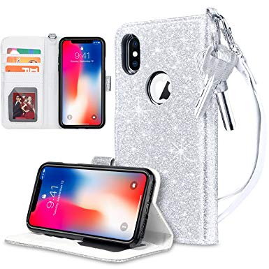 UARMOR Wallet Case for Apple iPhone X / iPhone 10 / iPhone XS 5.8 inch, Glitter Bling Sparkle Shiny PU Leather Folio Flip Case With Kickstand ID Credit Card Holder Shockproof Rubber Cover, Silver