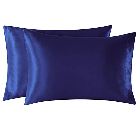 EXQ Home Satin Pillowcases Set of 2 for Hair and Skin Standard/Queen Size 20x30 Navy Blue Pillow Case with Envelope Closure (Anti Wrinkle,Hypoallergenic,Wash-Resistant)