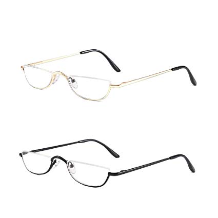 KoKoBin Half Reading Glasses - 2 Pairs Half Rim Metal Frame Glasses Spring Hinge Readers for Men and Women, Black Gold 1.50