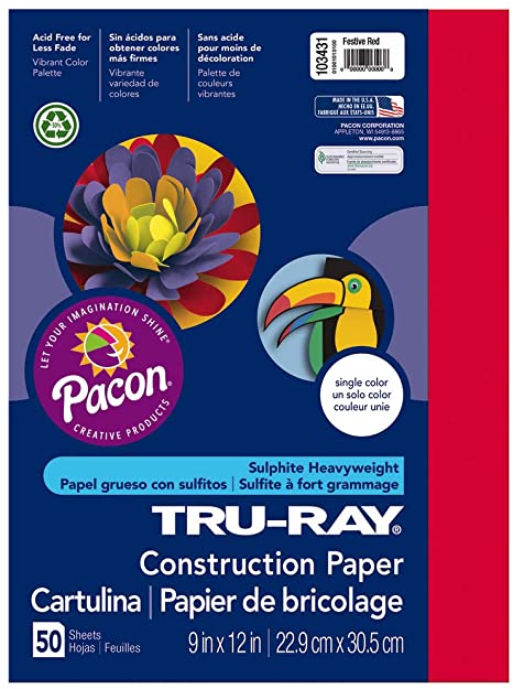 Pacon Tru-Ray Heavyweight Construction Paper, Festive Red,  9" x 12", 50 Sheets - 103431