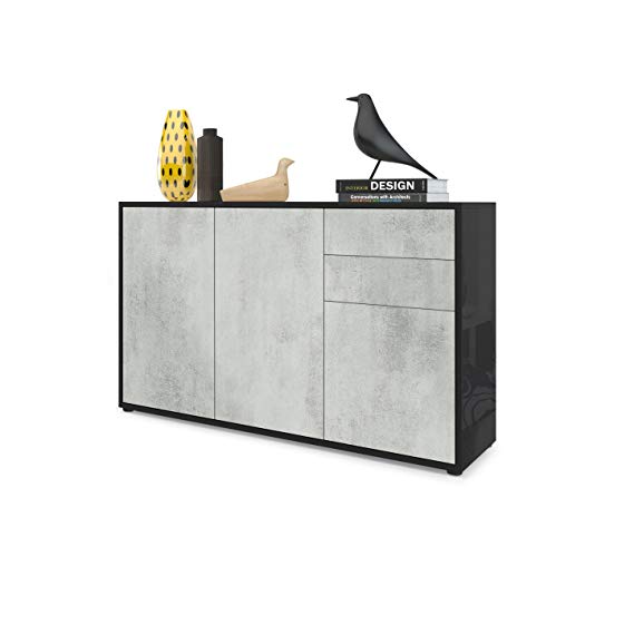 Vladon Cabinet Chest of Drawers Ben V3, Carcass in Black High Gloss/Front in Concrete Grey Oxid