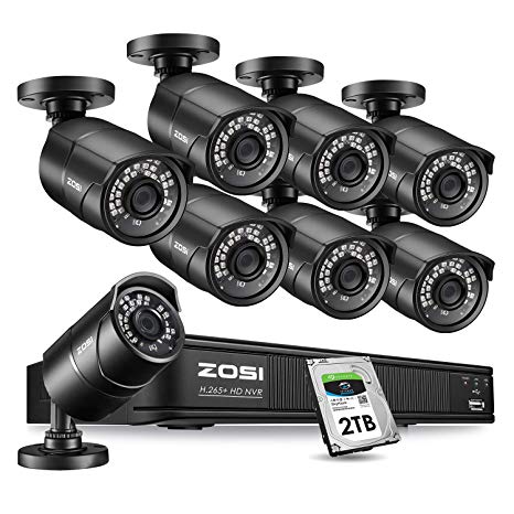 ZOSI 1080p PoE Home Security Camera System Outdoor Indoor,8CH 5MP H.265  PoE NVR Recorder with 2TB Hard Drive and (8) 1080p Surveillance Bullet PoE Network Cameras with 120ft Long Night Vision