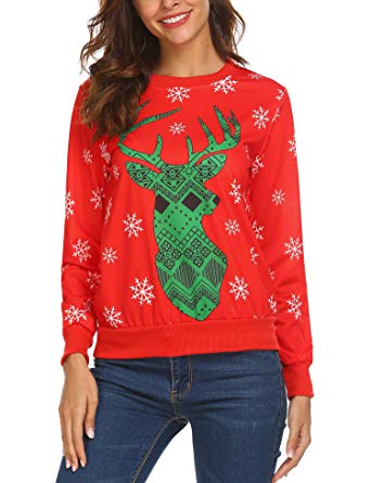 ACEVOG Women O Neck Vintage Long Sleeve Top T-Shirt Christmas Sweatshirts Pullover