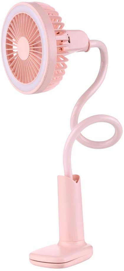Clip Fan with Lamp Battery Operated LED Light Fan with Flexible Goose, USB or Rechargeable Battery Powered Portable Fan with 2 Fan Modes and 3 Lighting Modes for Baby Stroller/Treadmill/Office (Pink)