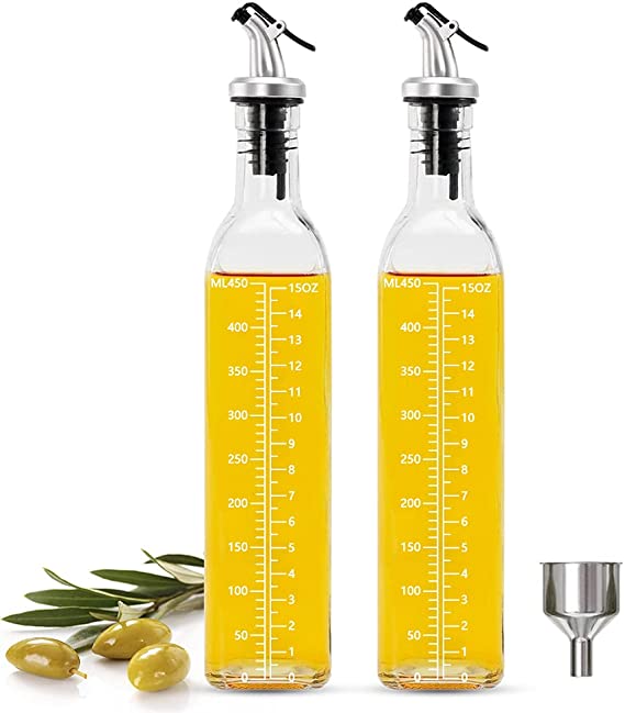 Showvigor 17 oz Olive Oil Dispenser Oil Bottles for Kitchen, 500 ml Oil and Vinegar Dispenser Set - 2 Pack Square Tall Glass Olive Oil Bottle with 1 Pourers ,4 Labels and Funnel As kitchen Helper