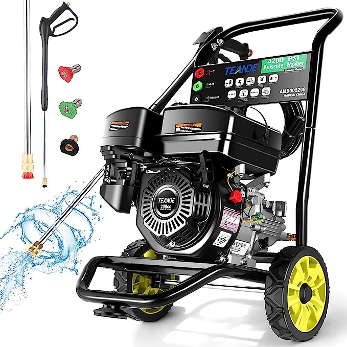 TEANDE Gas Pressure Washer 4200PSI 2.6GPM Power Washer Gas Powered 209CC High Pressure Washer with 3 Adjustable Nozzles, 25ft Hose, Dual soap Tank, for Cleaning Cars Houses Driveways Fences Patios