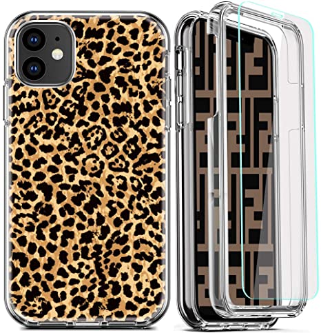 DecaStars for iPhone 11 Case, Clear Phone Case with [2 x Tempered Glass Screen Protector] Shockproof 360 Full Coverage Hard PC Soft Silicone TPU 3in1 Military Standard Protective Cover #14 Leopard