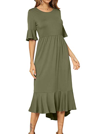 levaca Women's Plain Casual High Low Hem Flowy Midi Dress