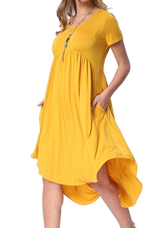 levaca Women's Scoop Neck Pockets High Low Pleated Loose Swing Casual Midi Dress