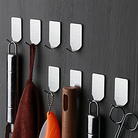 OUTOWIN 8 Pack Stainless Steel Brushed 3M Self Adhesive Mini Robe Hook Cloth Key Hat Racket Hooks ( Each Can Load No More Than1 kg)